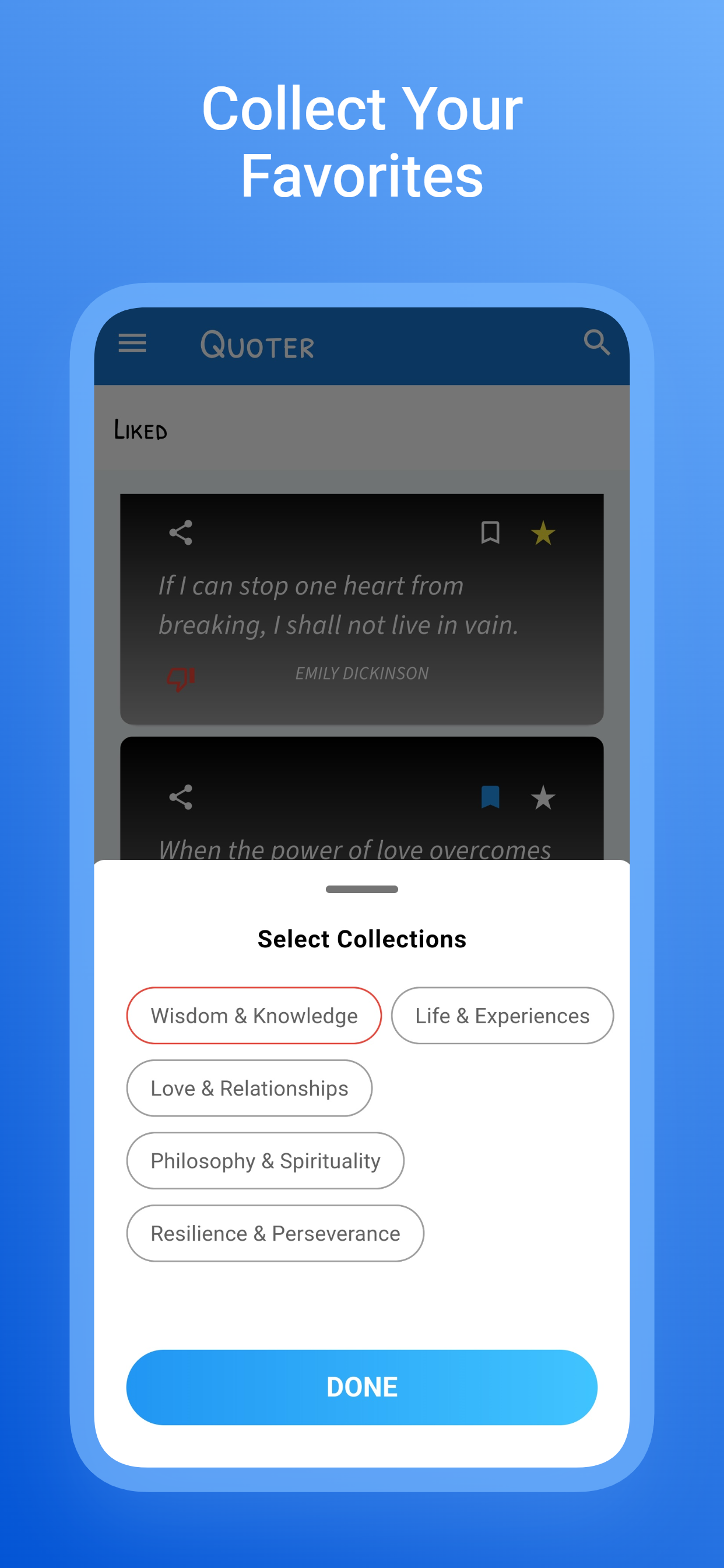Quoter add to collection sheet for a saved quote